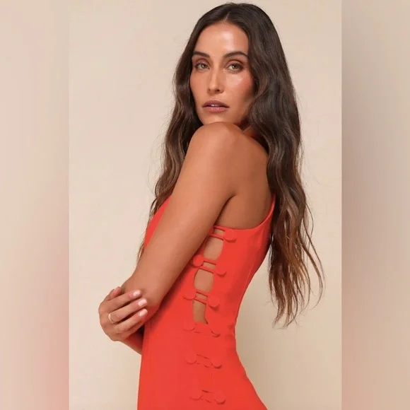 Lulus Masterfully Mod Bright Orange Side Button Midi Dress XXS NWT - Picture 9 of 9